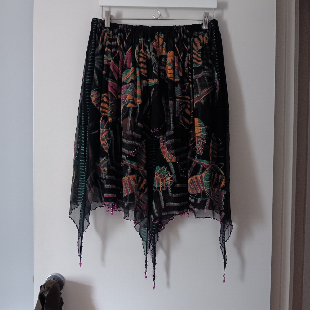 Vintage ZANDRA RHODES 1970s Silk Chiffon Handkerchief Beaded Skirt M/L
